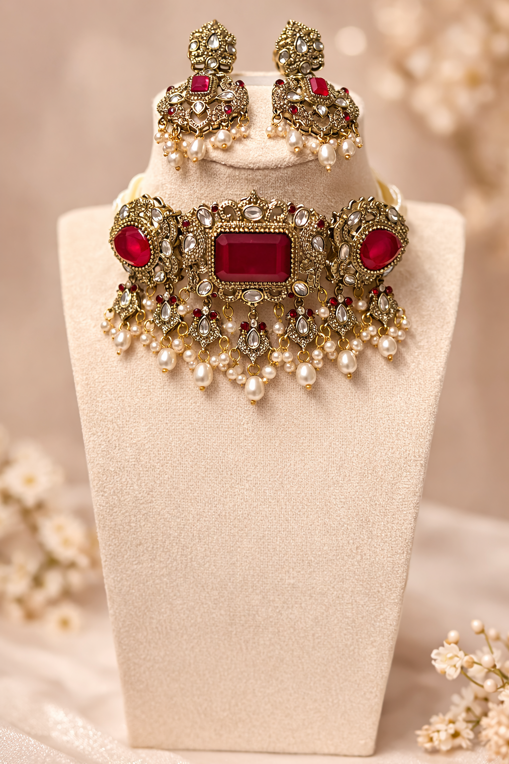 Hayat Victorian Choker Necklace set - Ruby Red