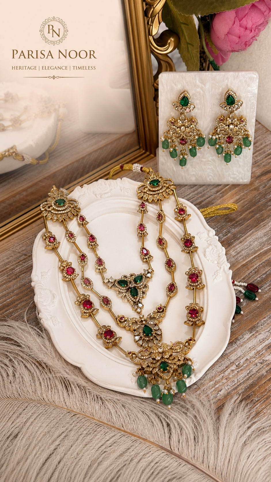 Qaynat Victorian Three Layer Semi Long Necklace Set