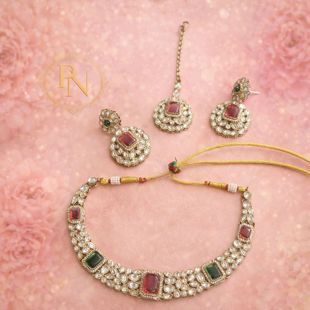 Zaina Kundan Necklace Set in Green  and Pink Ruby