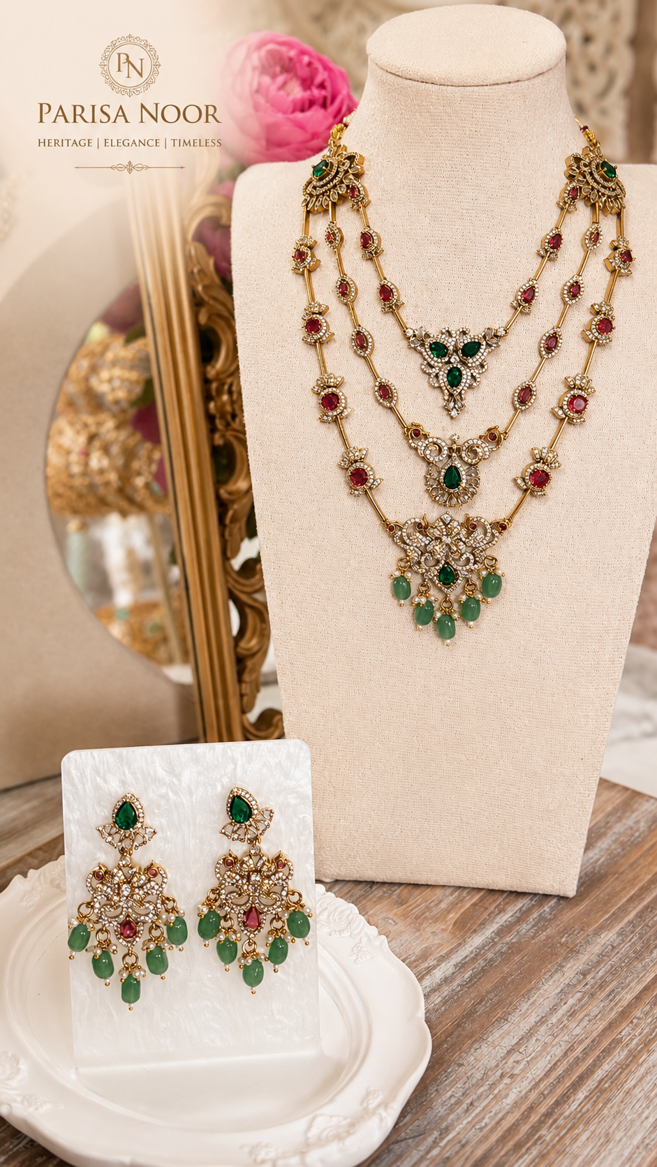 Qaynat Victorian Three Layer Semi Long Necklace Set