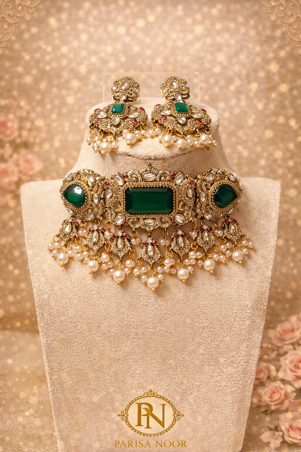 Hayat Victorian Choker Necklace Set -Emerald Green