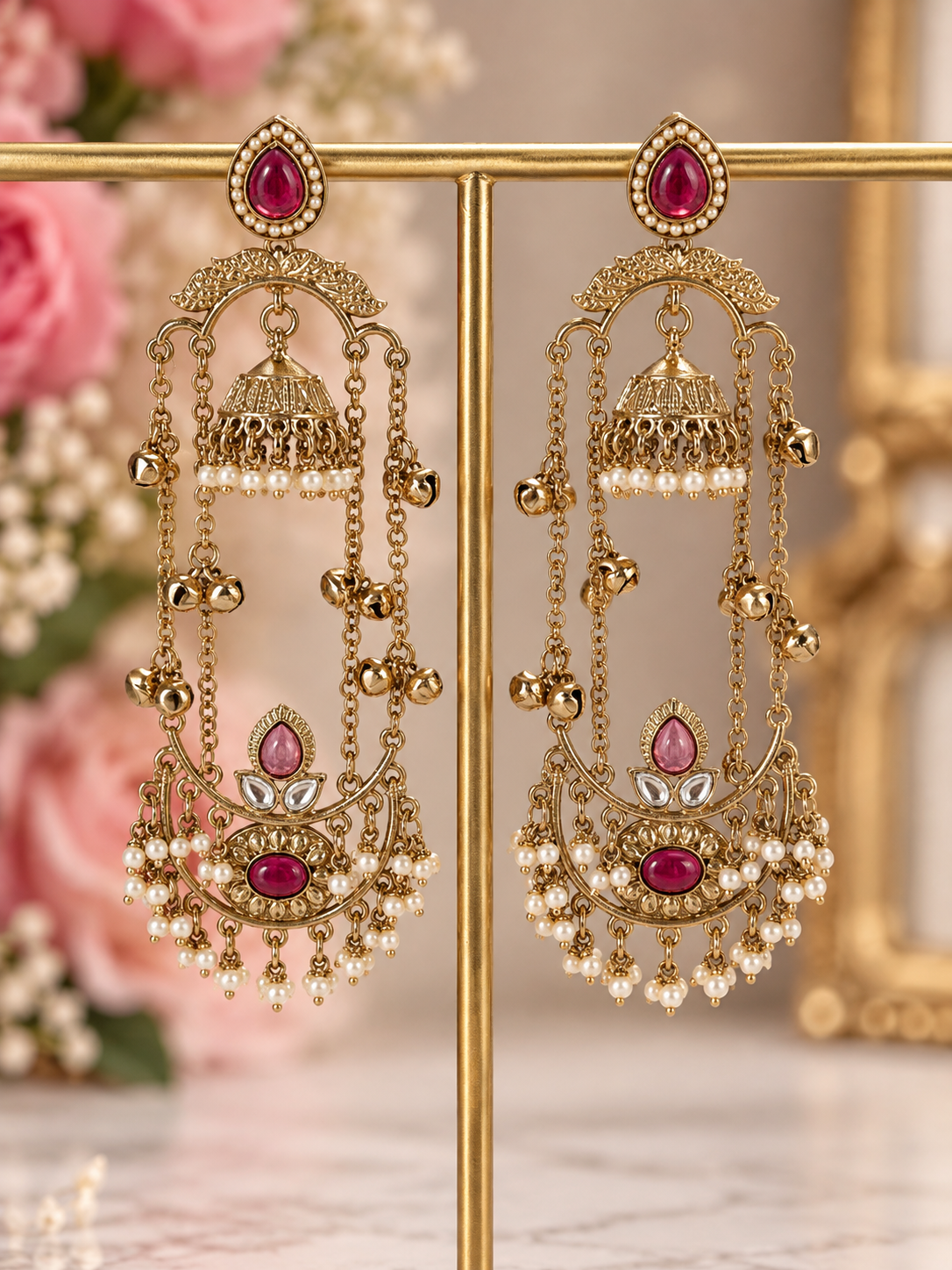 Mahrika Ruby Pink Champagne Ghungru Earrings