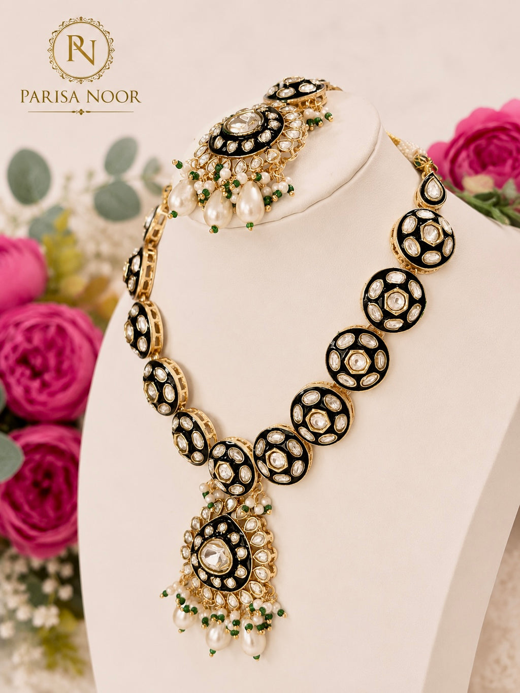 Vanya Meenakari Kundan Green Necklace Set