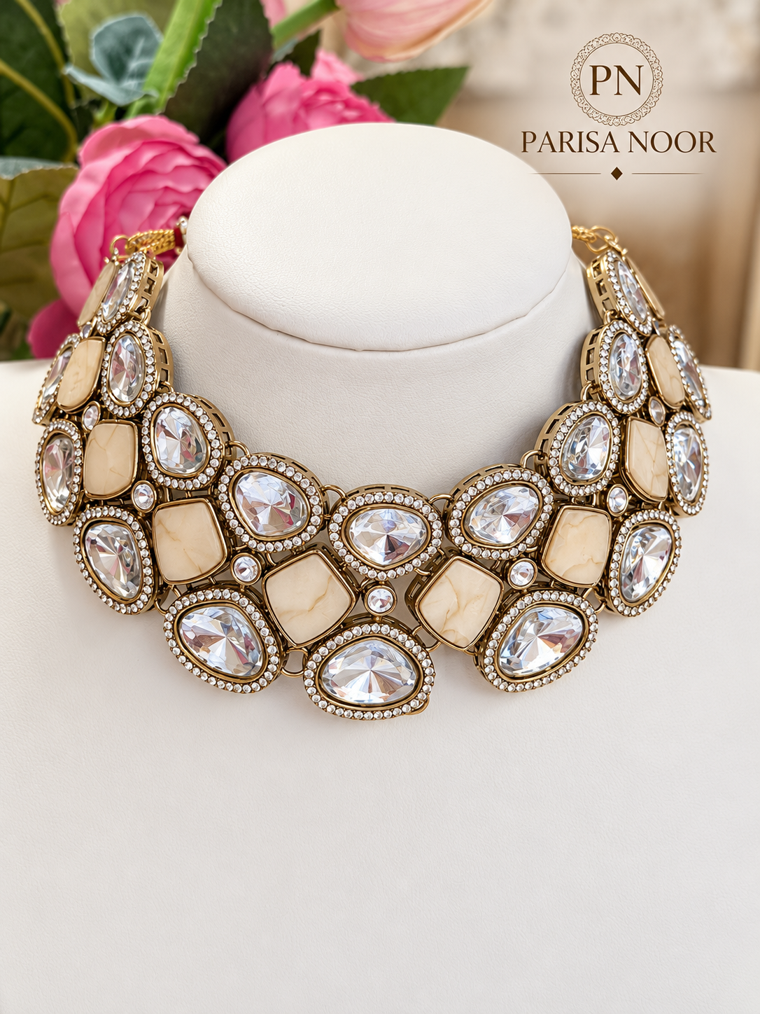 Avelina Ivory Pearl Polki Necklace Set – Clearance Sale