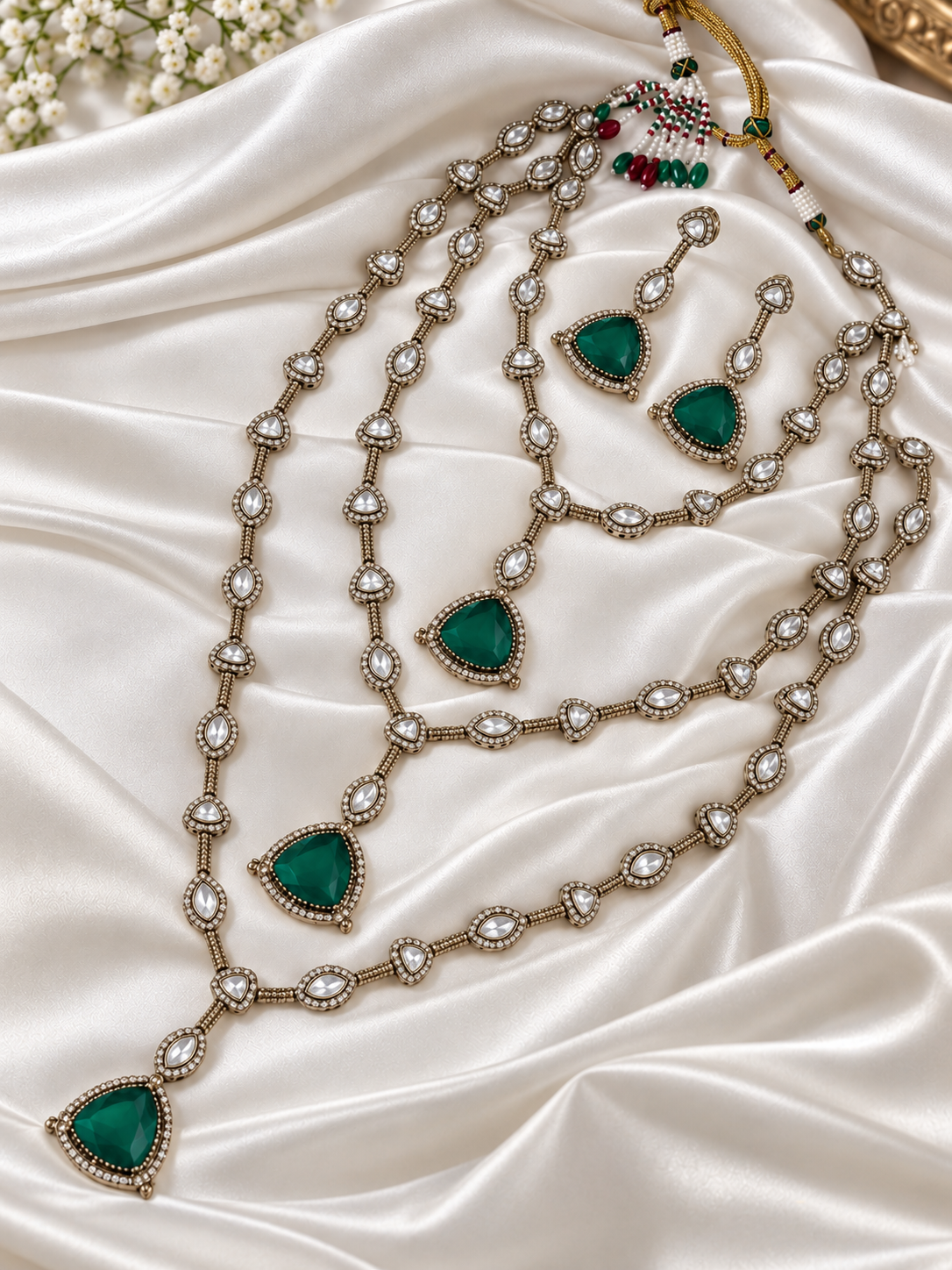 Samyukta Rajrani Emerald Layered Long Necklace Set