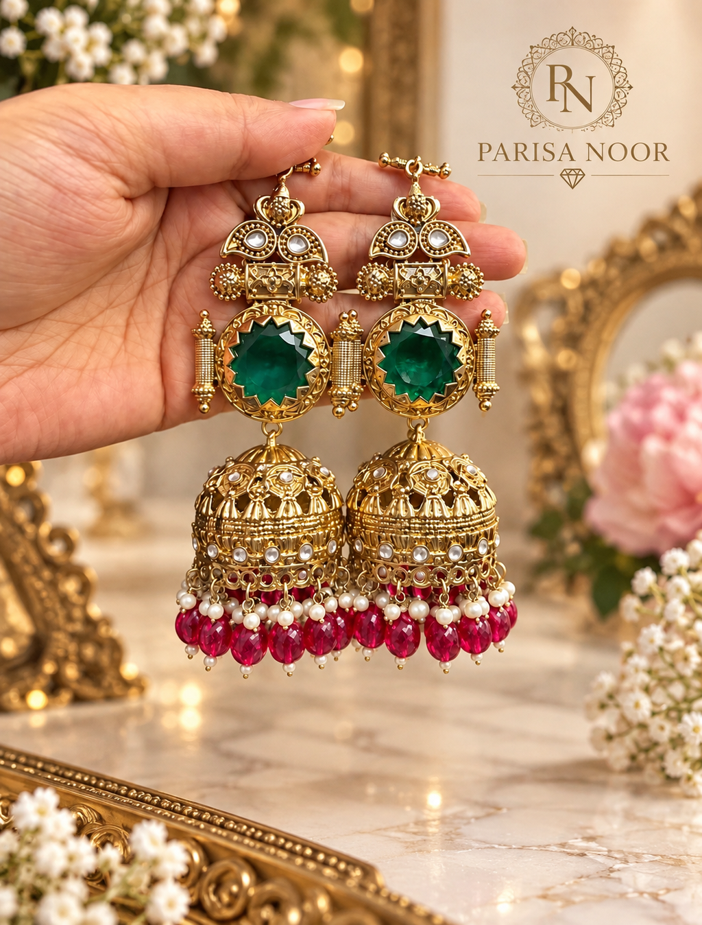 Pravisha Emerald & Ruby Premium Jhumka Earrings with Kaan Chain