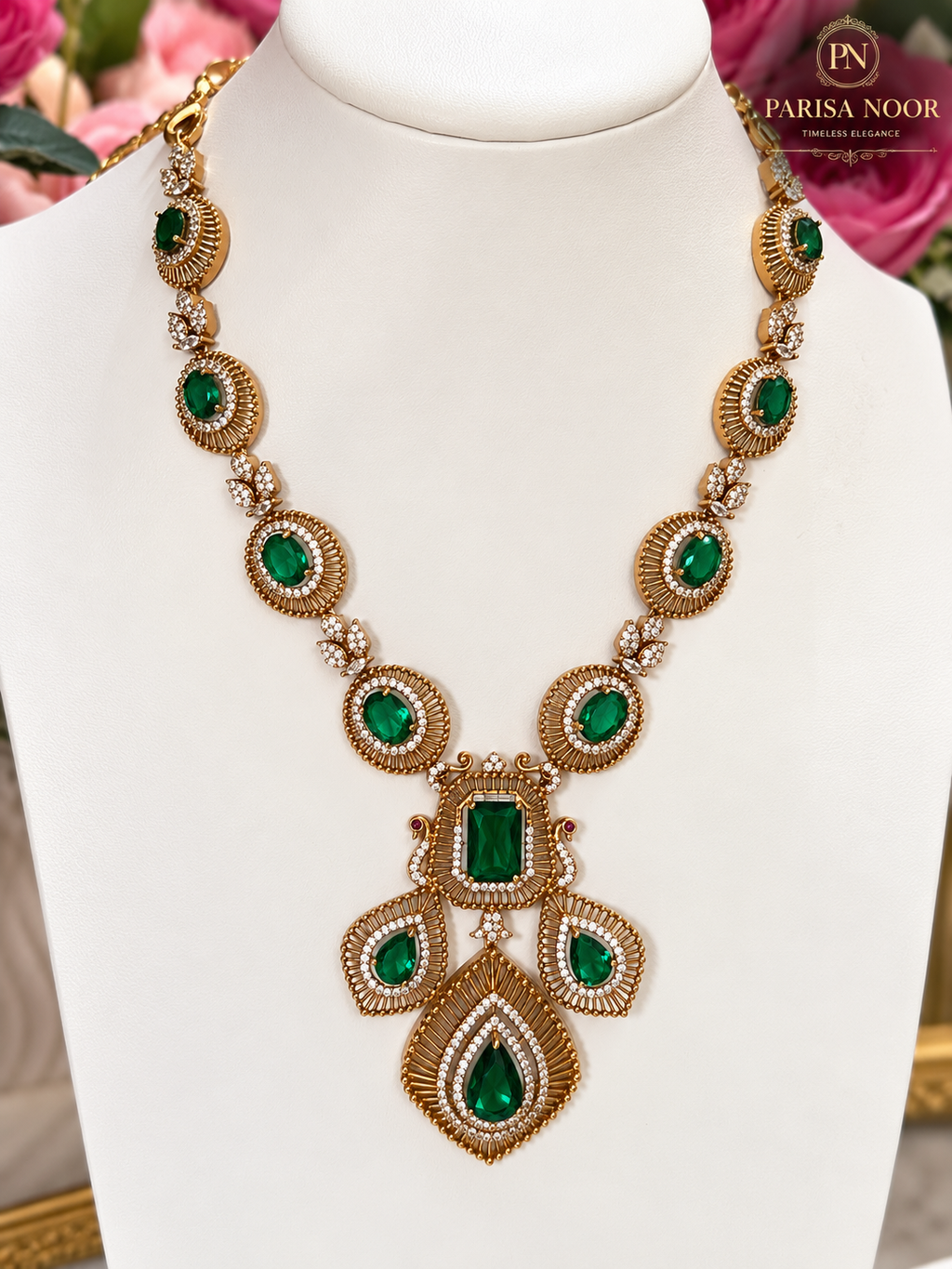 Kashira Green Heritage AD Semi-Long Necklace Set