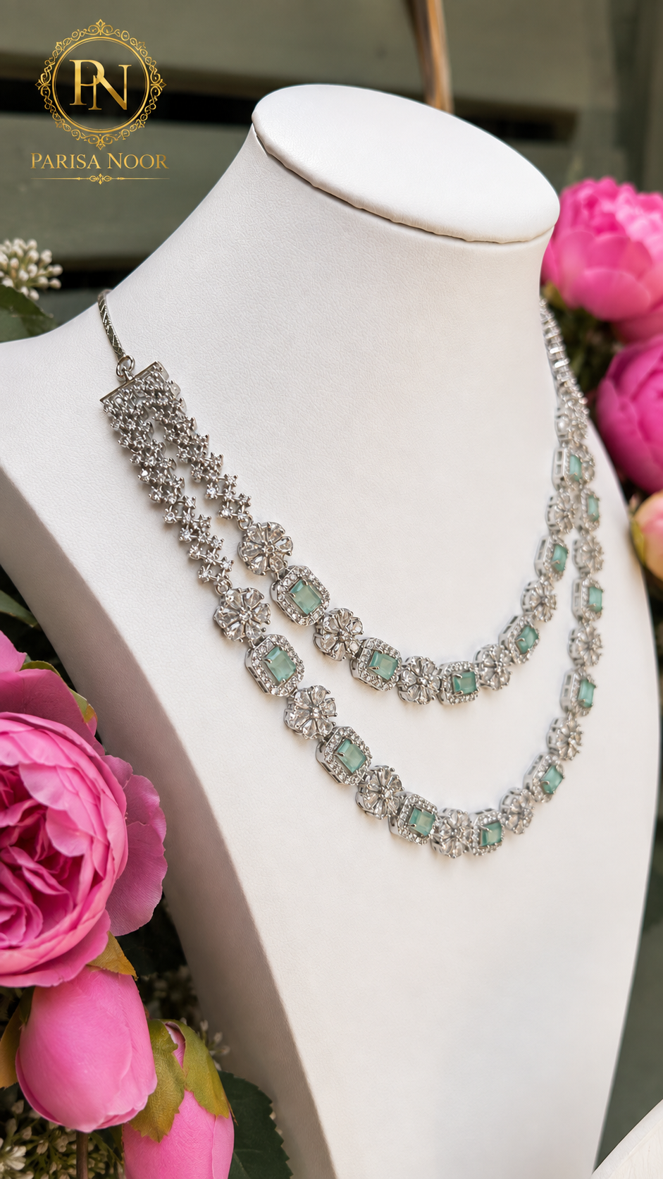 Nayeli Mint Blue Double Layer AD Necklace Set