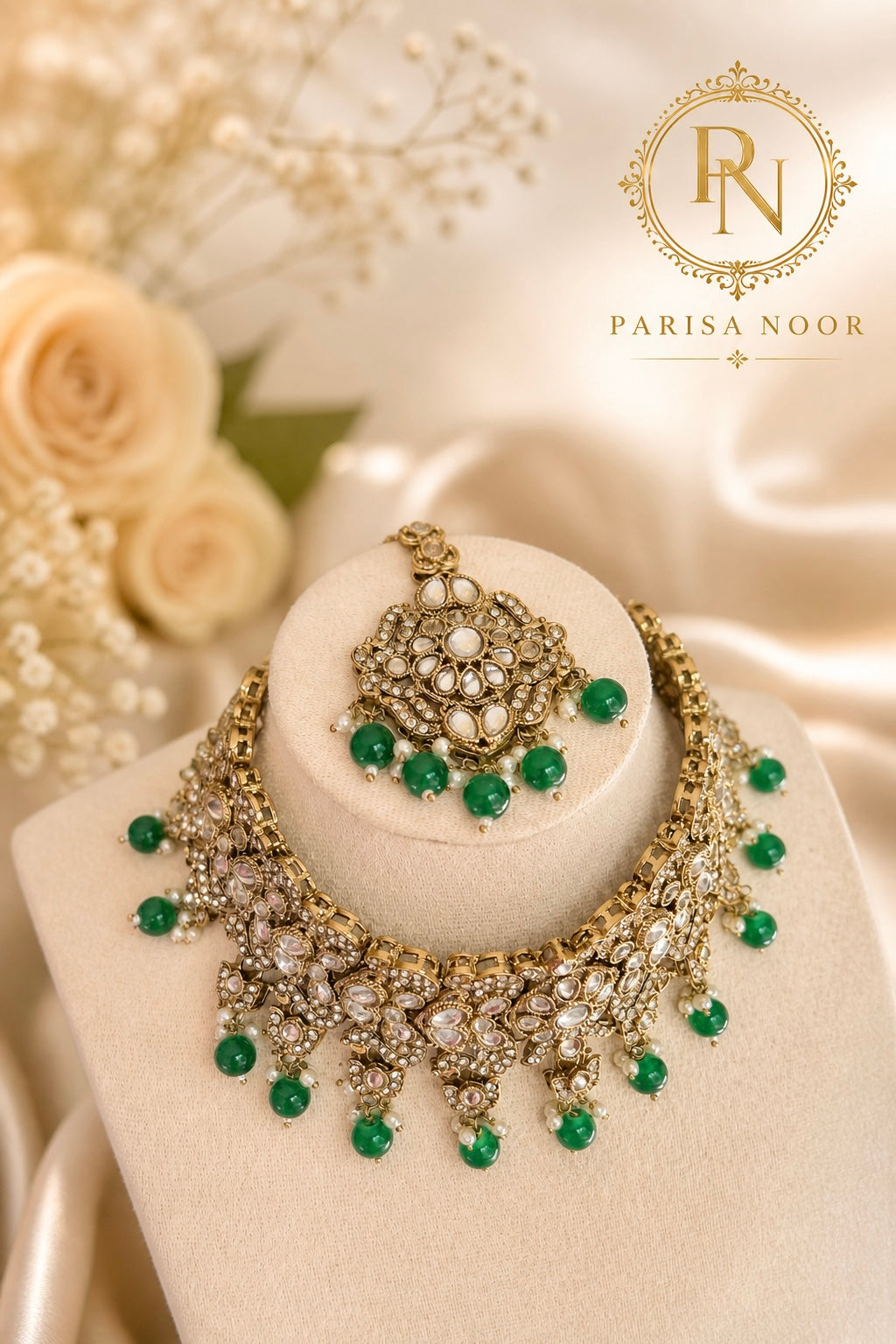 Sharvari Green Premium Necklace Set with Earring and Teeka