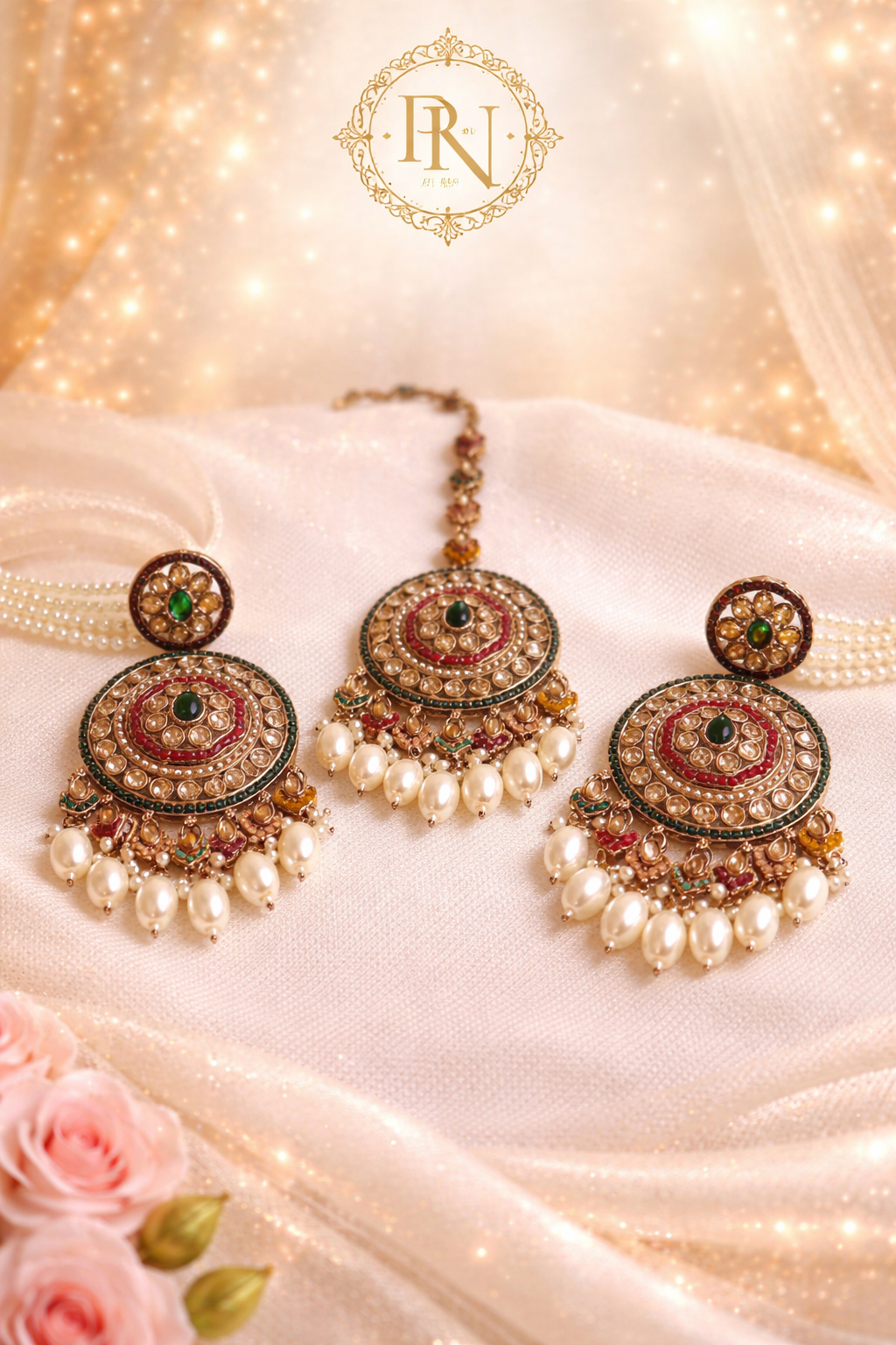 Lamia Multi Heritage Pearl Choker Necklace Set With Earring & Teeka