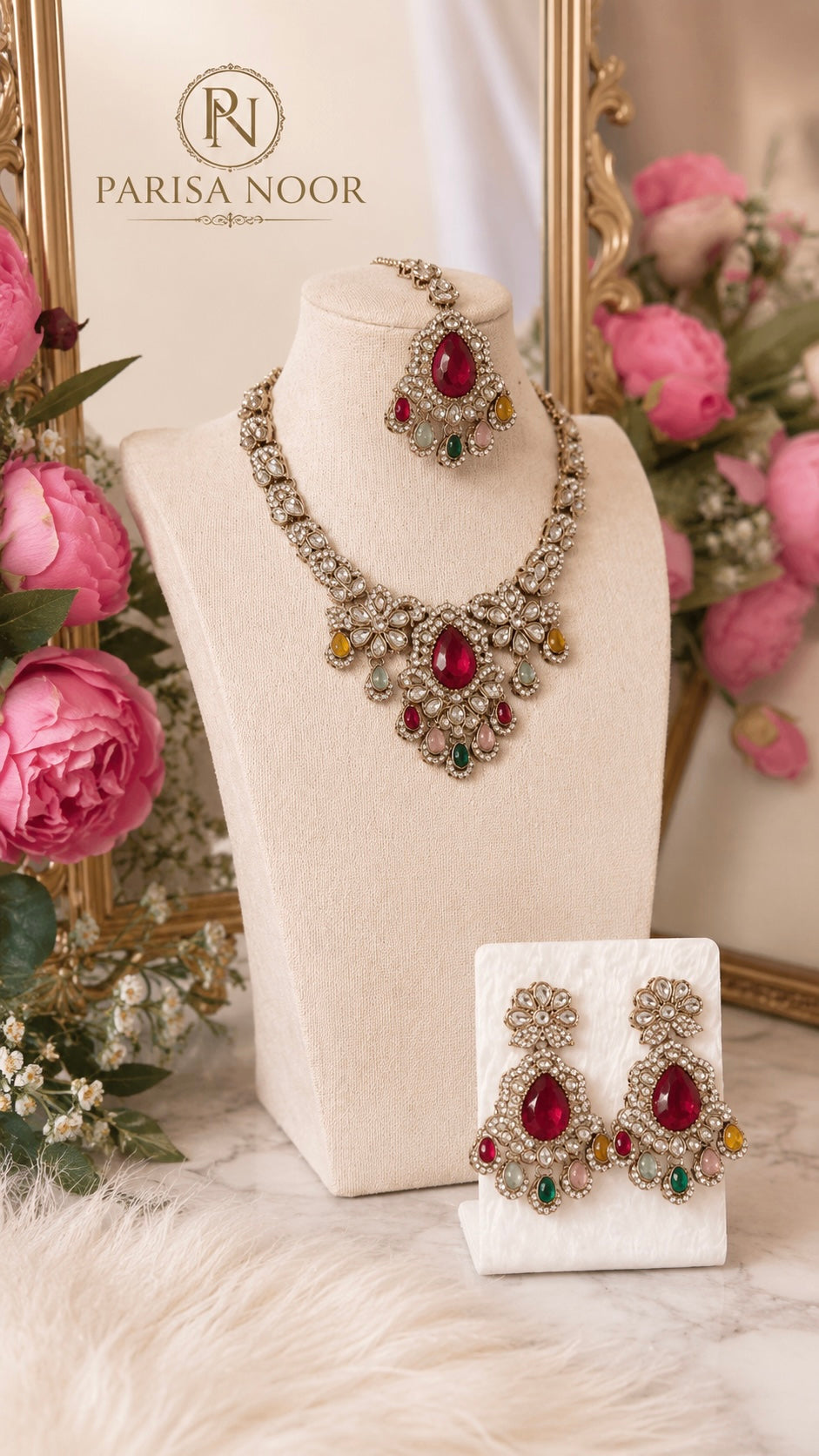 Anaya Multi Kundan Zircon Necklace Set with Teeka