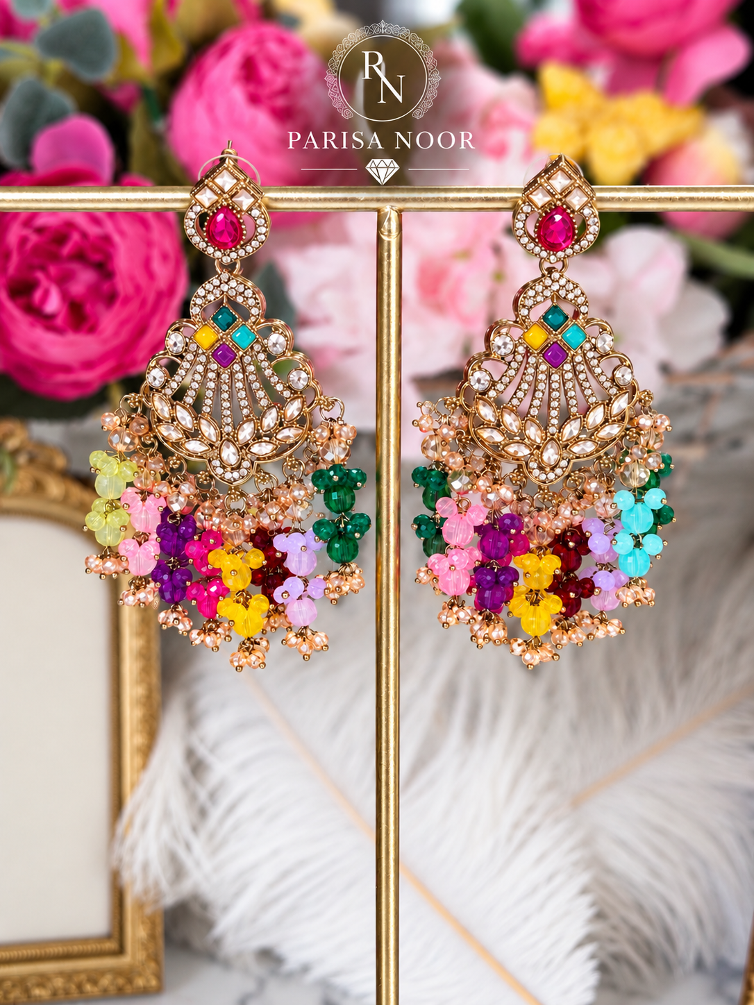 Zavelle Multicolour Kundan Beaded Chandbali Earrings