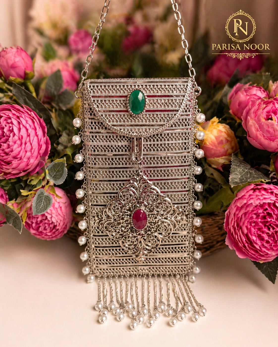 Archie Brass Mobile Silver Clutch