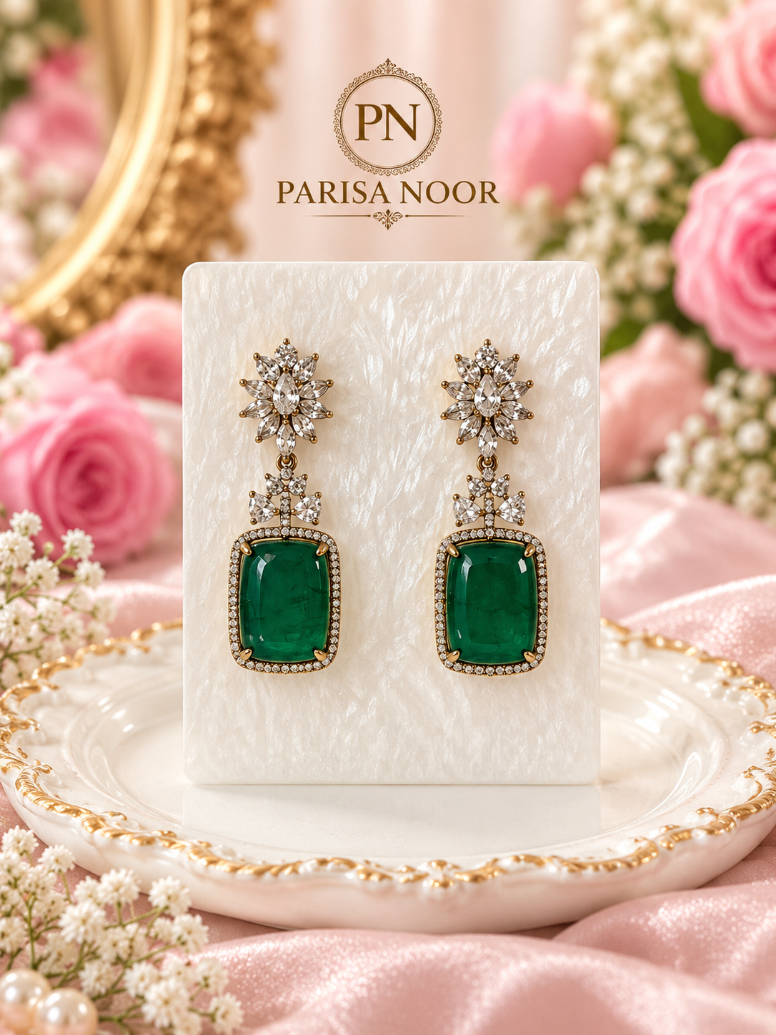 Zarevisha Emerald Green Luxury Semi-Long Necklace Set