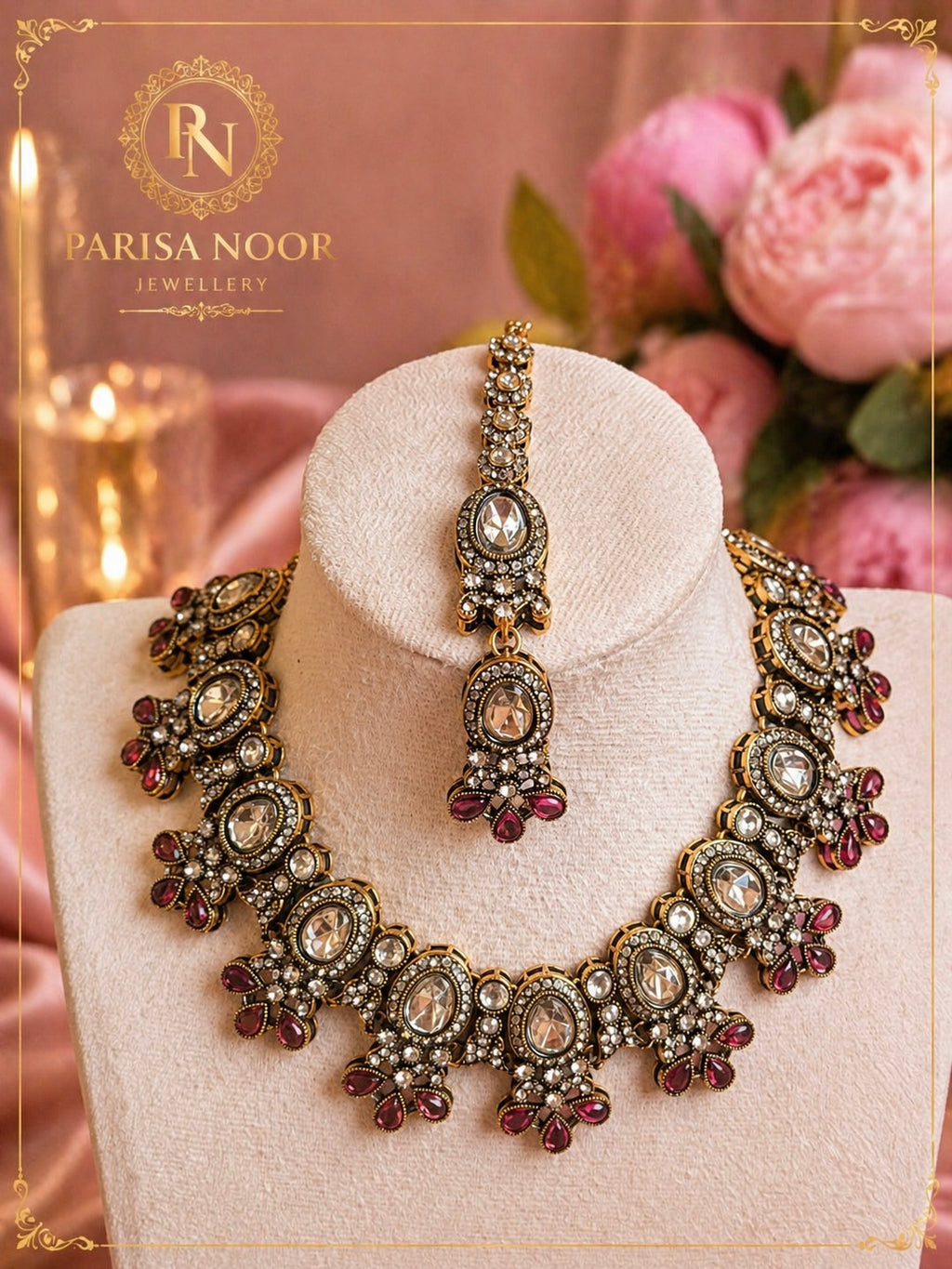 Aiyaara Ruby Kundan Necklace Set with Teeka