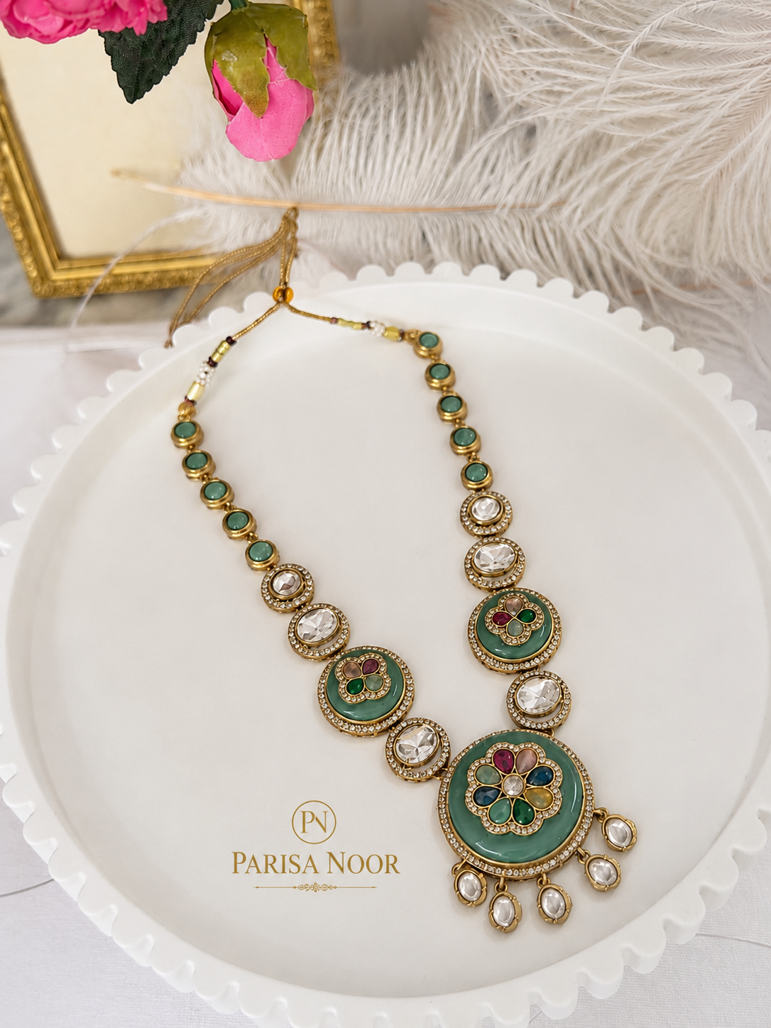 Meherza Mint Multicolour Designer Semi-Long Necklace Set