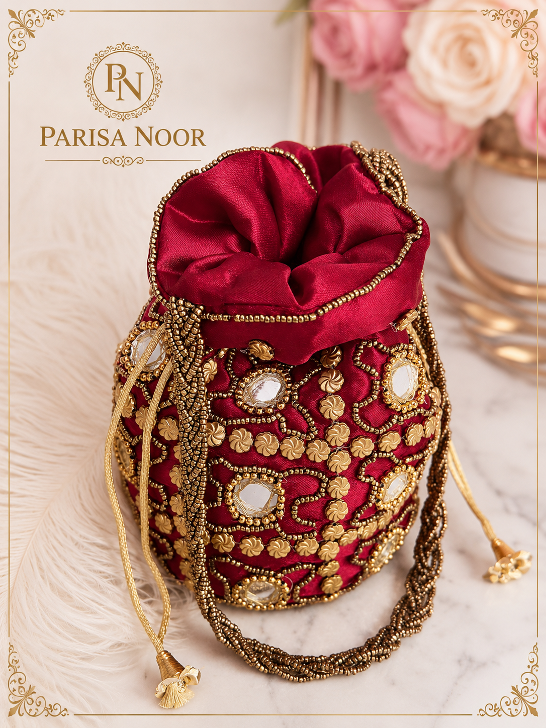 Zura Burgundy Red & Gold Designer Potli Bag