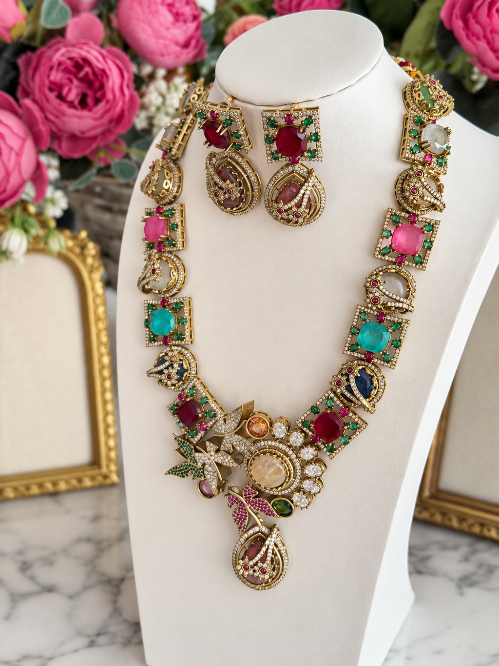 Virelia Premium Multicolour Doublet Designer Semi/Long Necklace Set