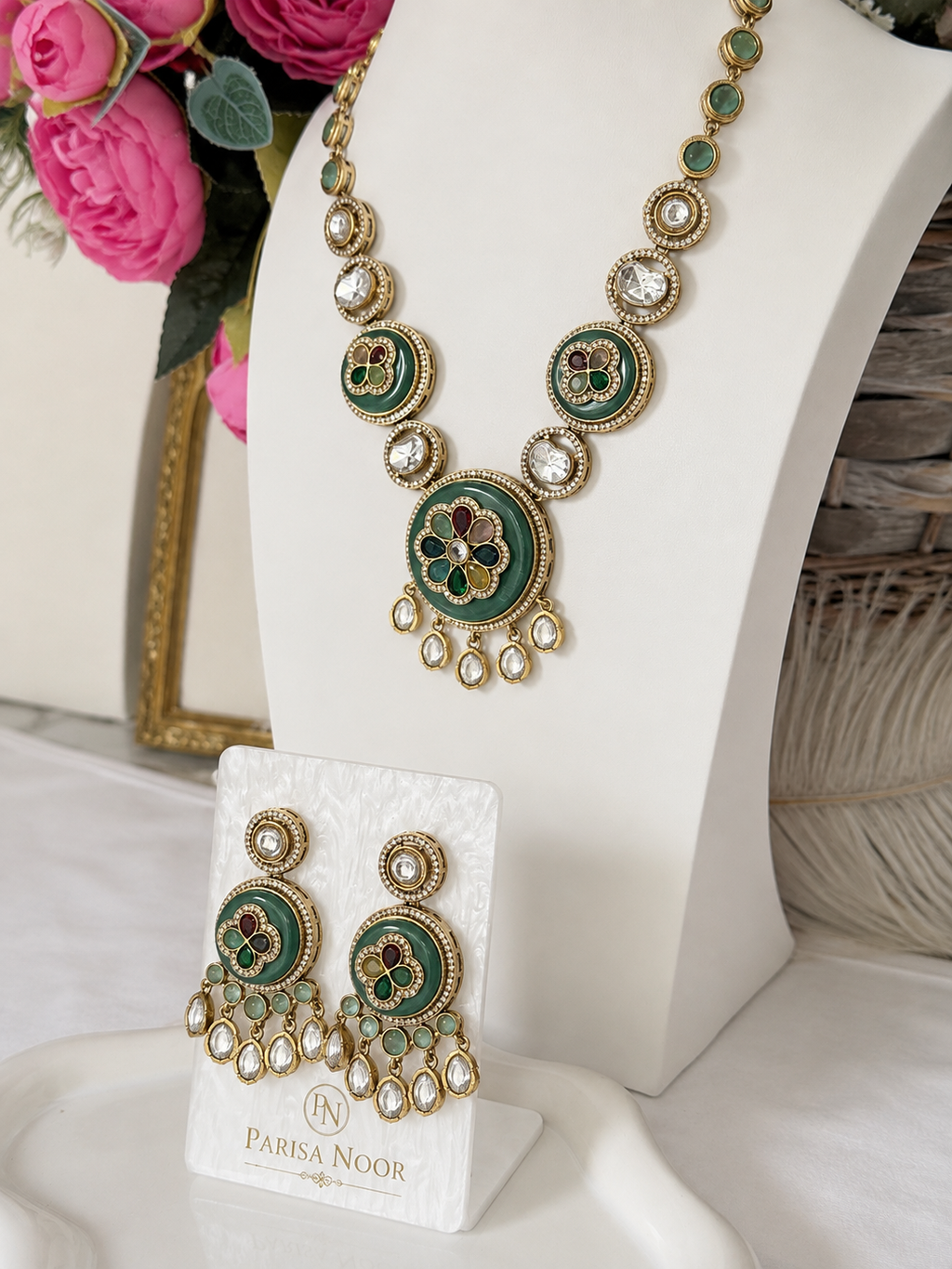 Meherza Mint Multicolour Designer Semi-Long Necklace Set