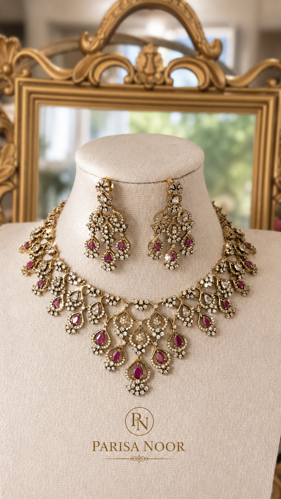 Rubaab Victorian Moissanite Necklace Set – Ruby Pink