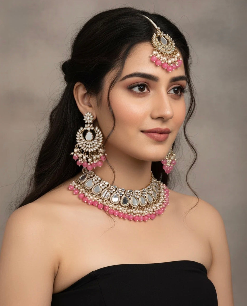 Disha Blush Mirror Necklace Earrings & Maangteeka
