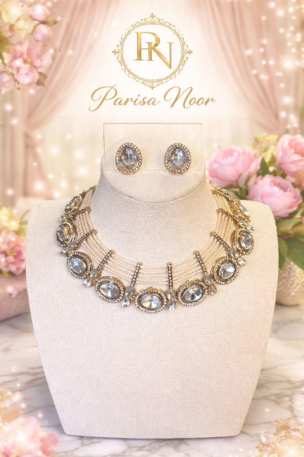 Sabina Pearl Zircone Polki Pearl Necklace with Earring