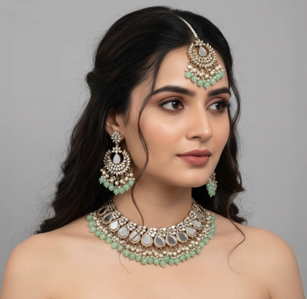 Disha Blush Mirror Necklace Earrings & Maangteeka