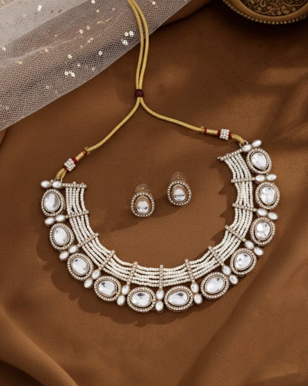 Sabina Pearl Zircone Polki Pearl Necklace with Earring