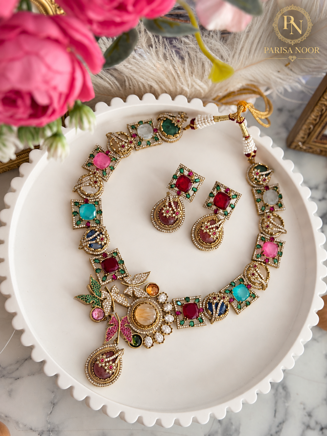 Virelia Premium Multicolour Doublet Designer Semi/Long Necklace Set