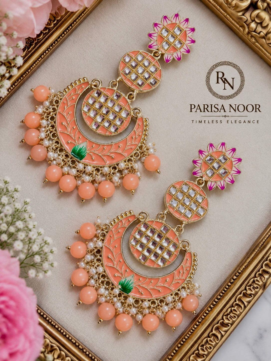 Aarohi Peach Meenakari Statement Earrings
