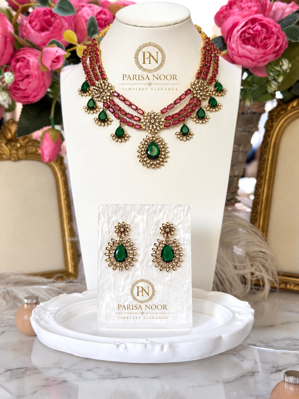 Zarisha Ruby Pink Emerald Designer Necklace Set