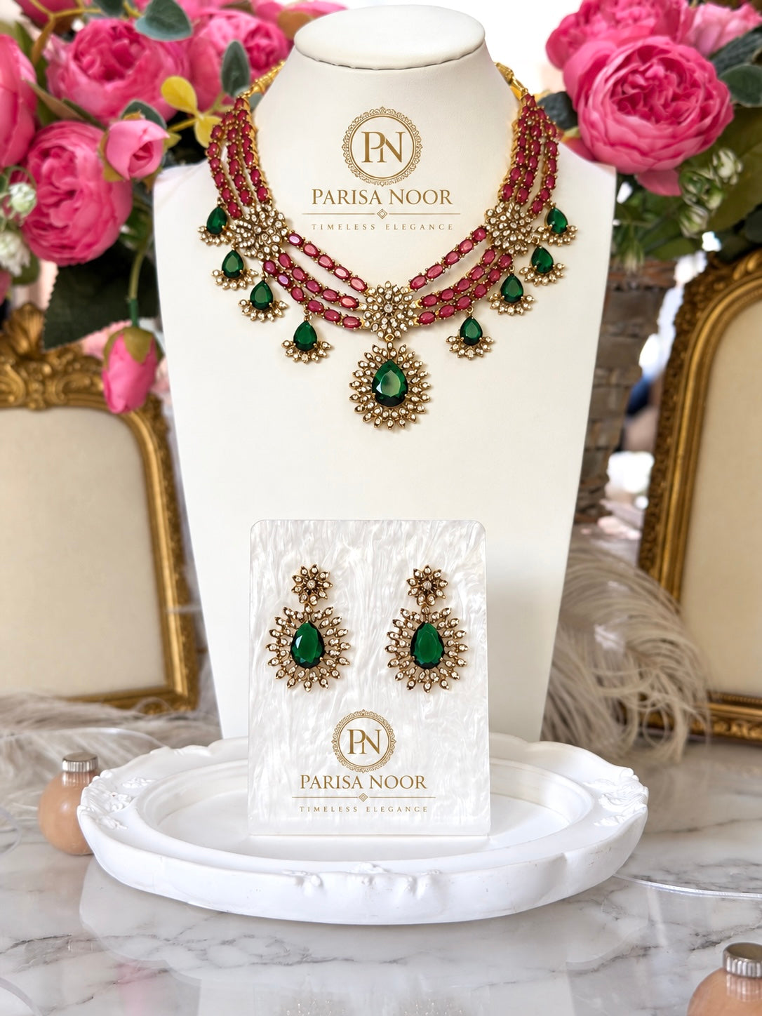 Zarisha Ruby Pink Emerald Designer Necklace Set