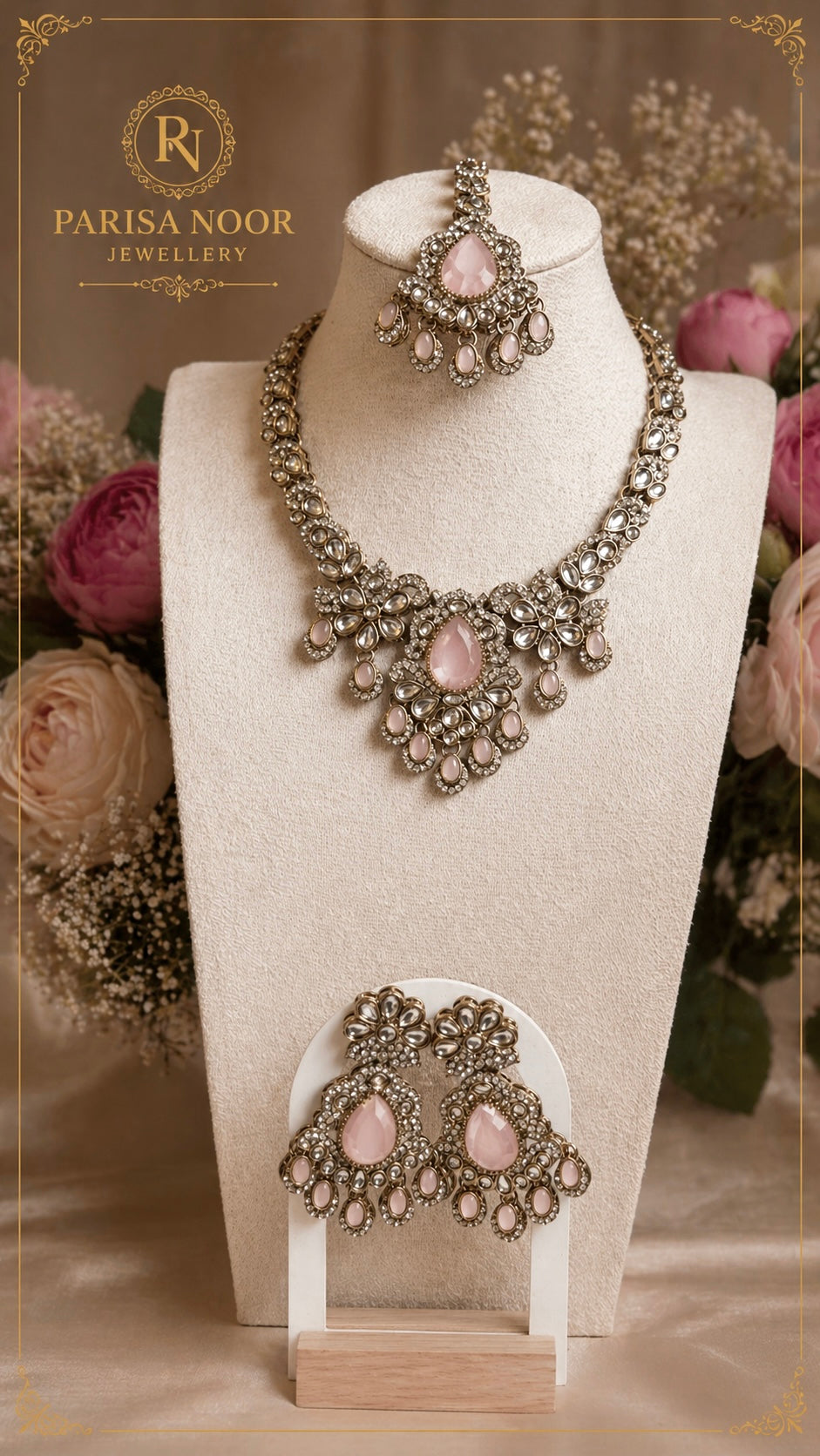 Anaya Pink Kundan Zircon Necklace Set with Teeka