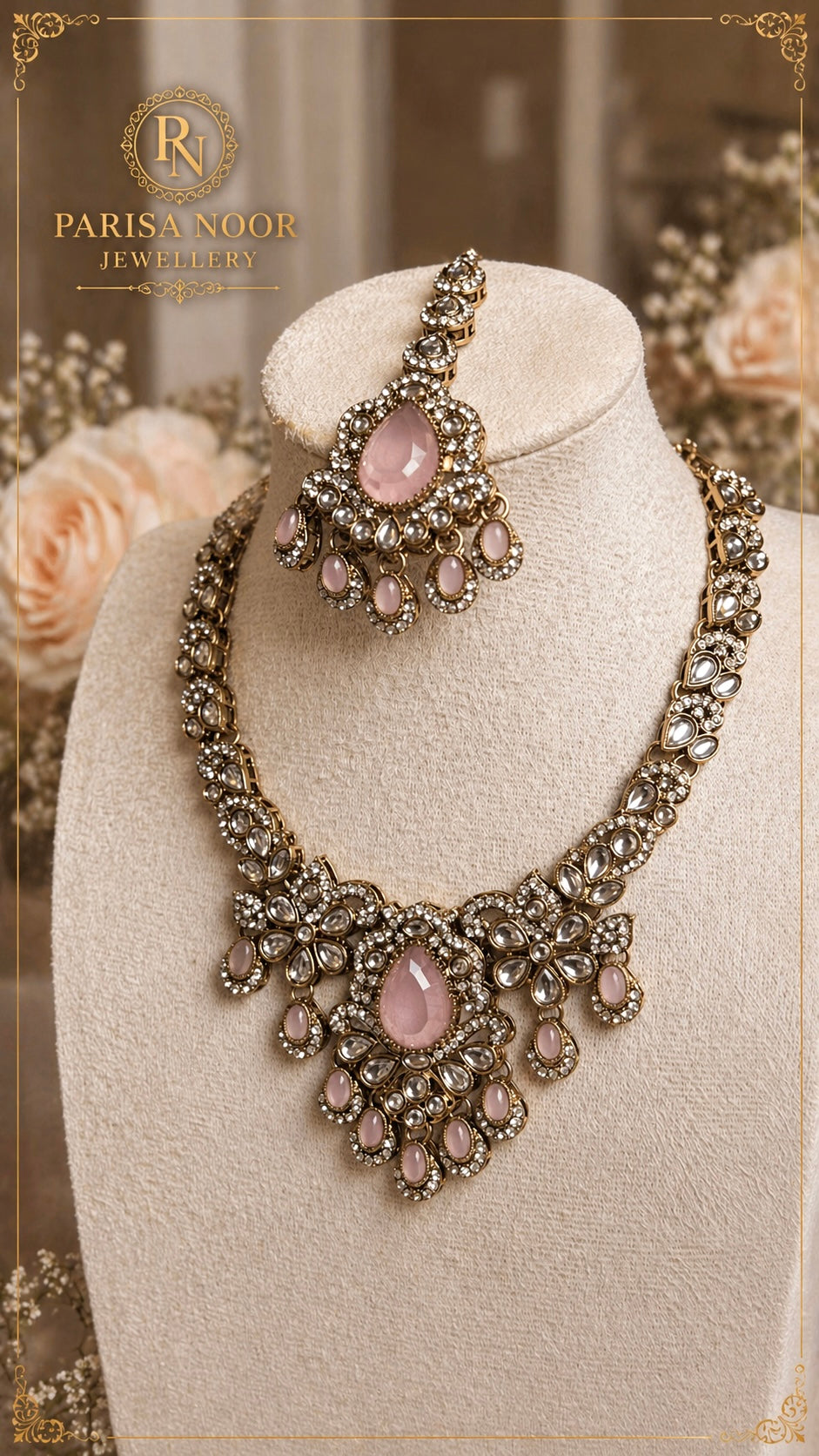Anaya Pink Kundan Zircon Necklace Set with Teeka
