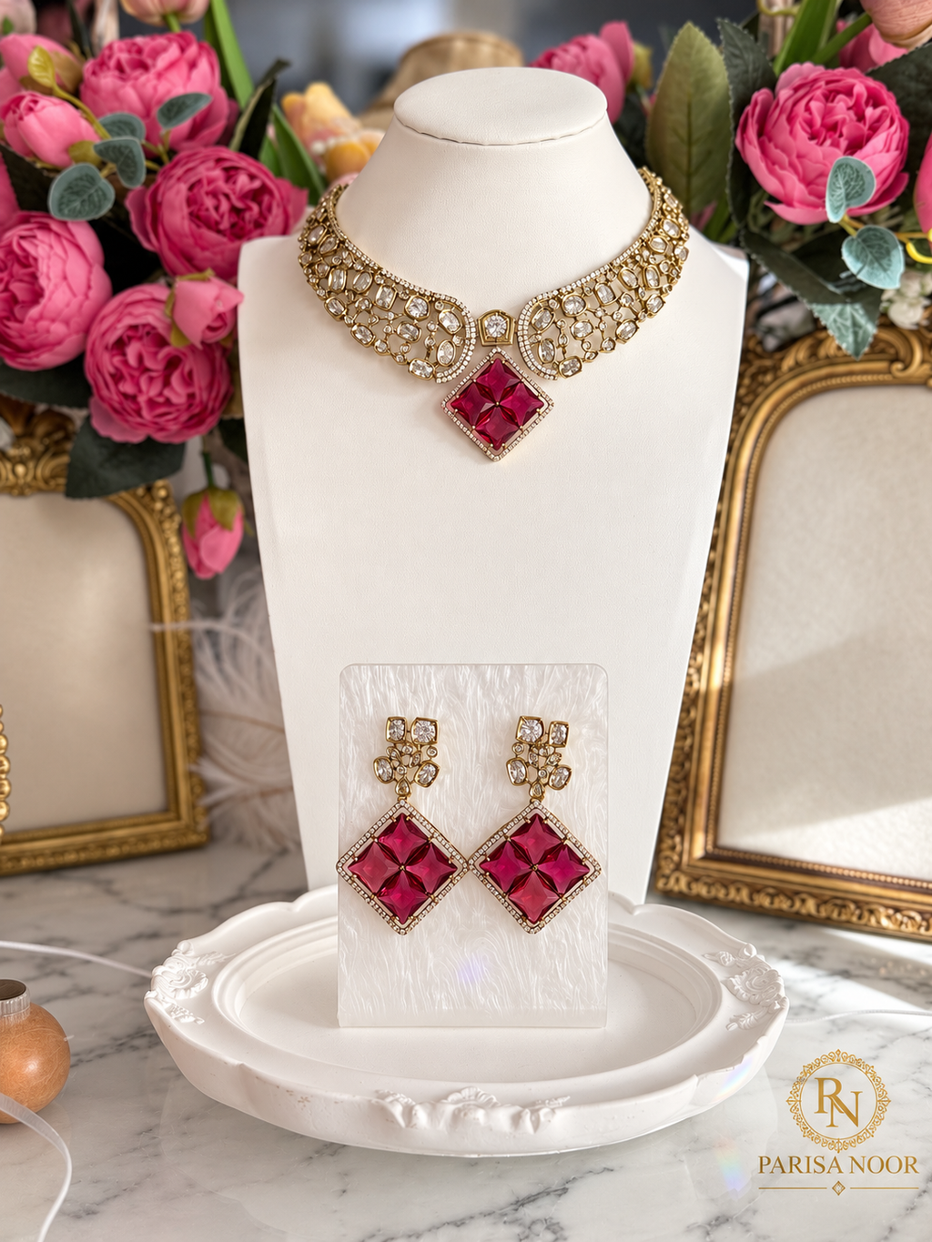 Ruvanya Ruby Red Luxury Designer Necklace Set