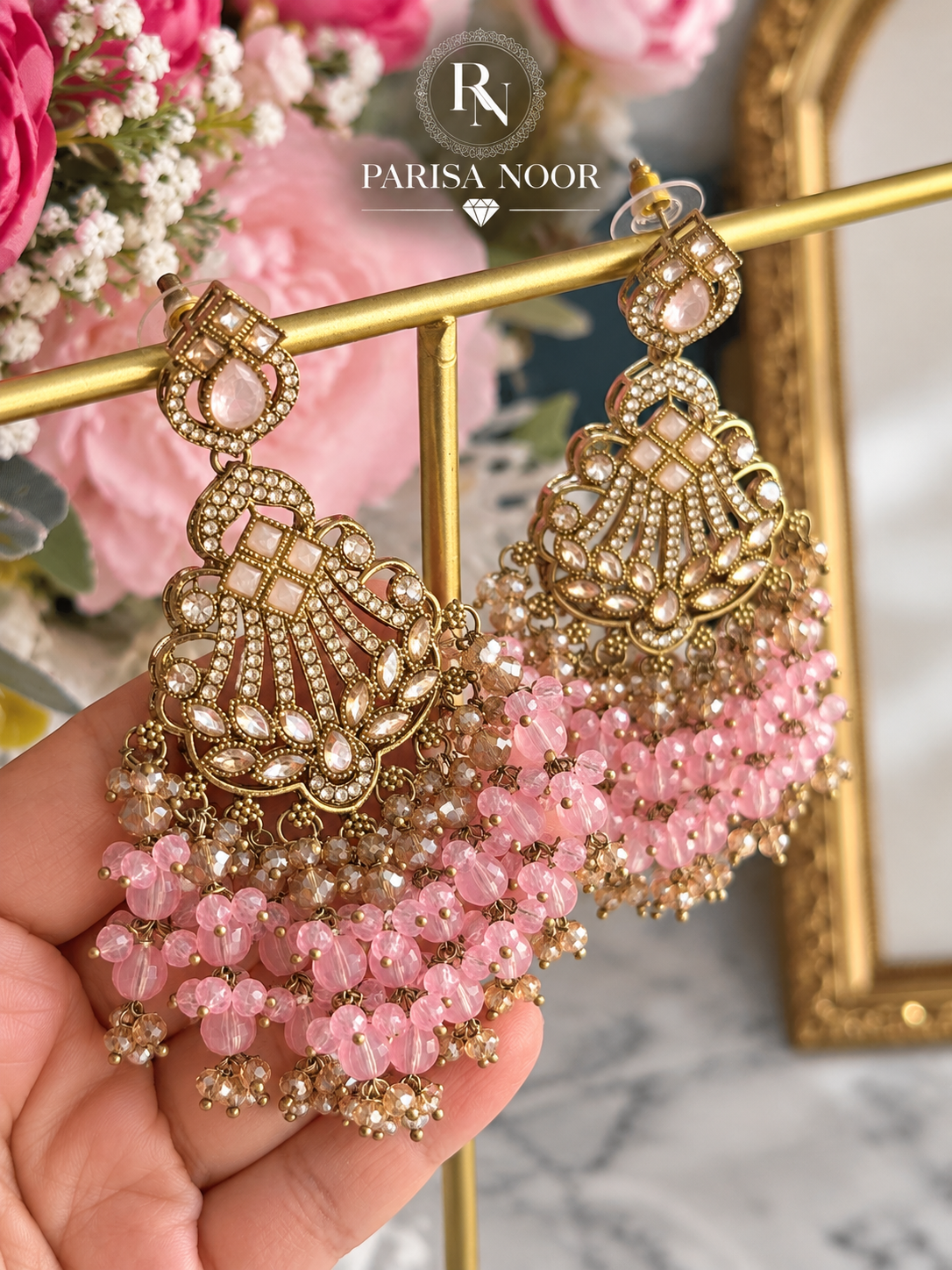 Inara Pink Kundan Beaded Chandbali Earrings