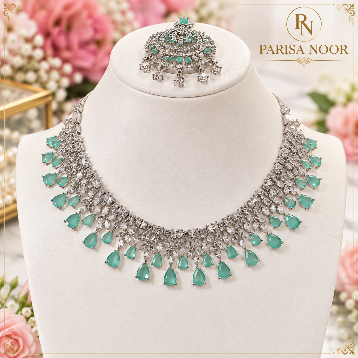 Seraya Aqua AD Stone Necklace Set