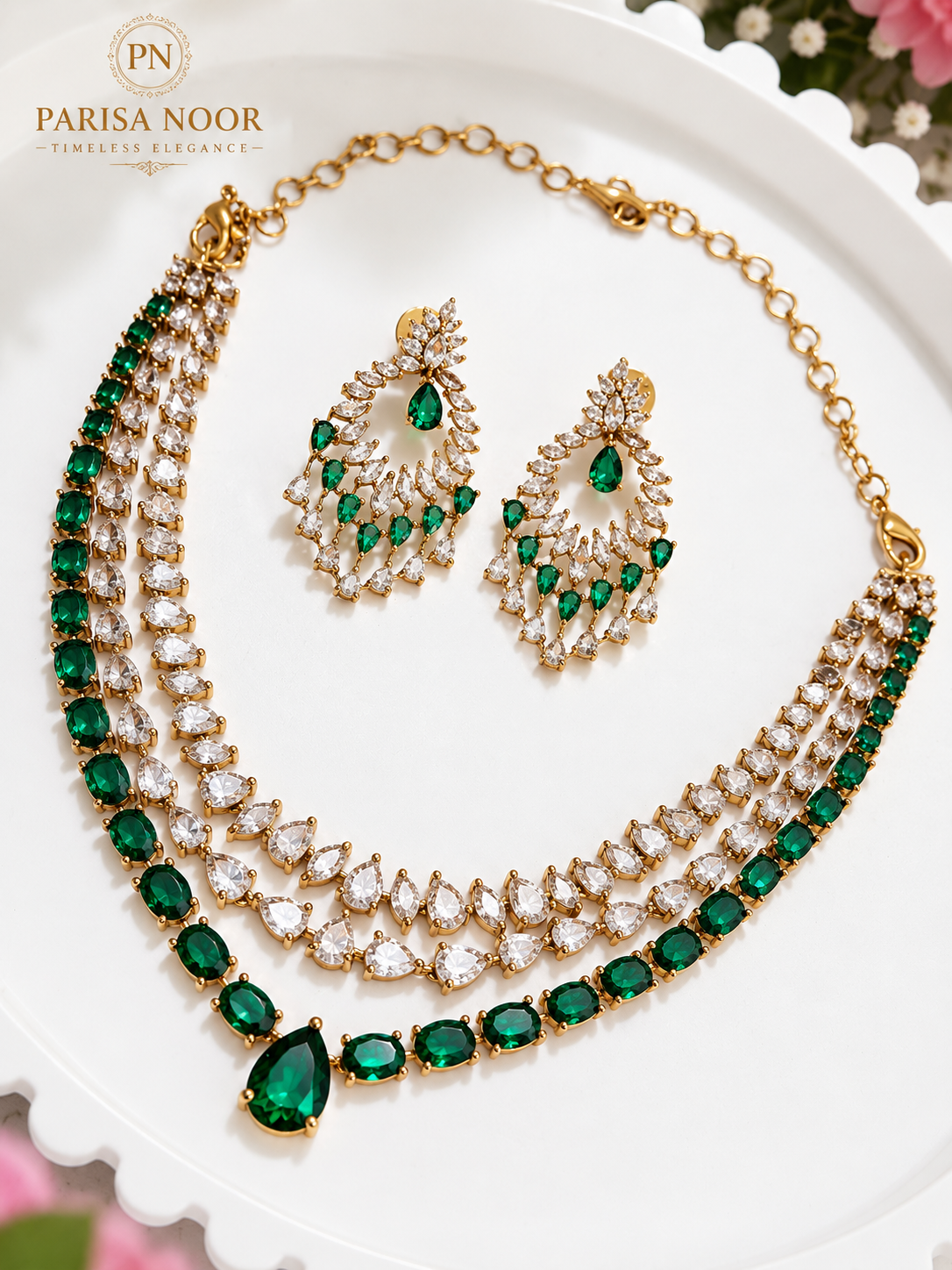 Avelora Layered Emerald Victorian AD Necklace Set