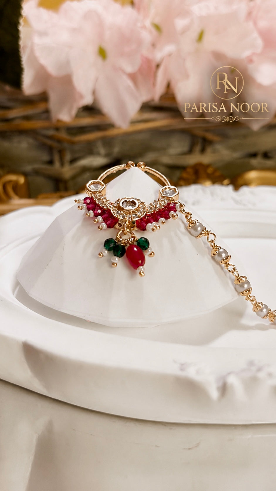 Saakhi Moissanite Nose Ring with Pearl Chain