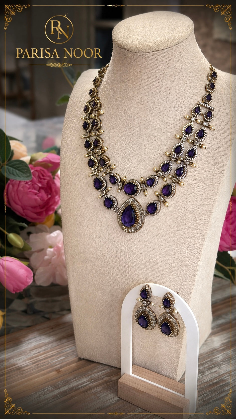 Leena Amethyst Victorian AD Double Layer Necklace Set
