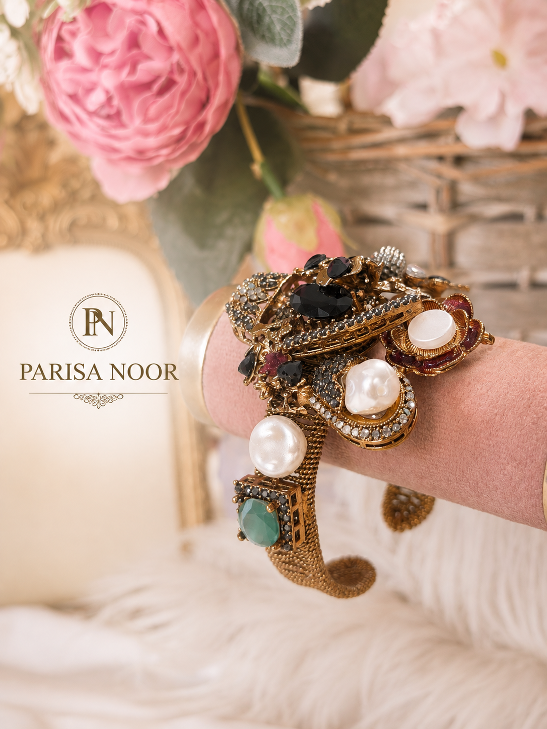 Elif Luxury Turkish Gemstone Statement Green Multi Cuff Bangle