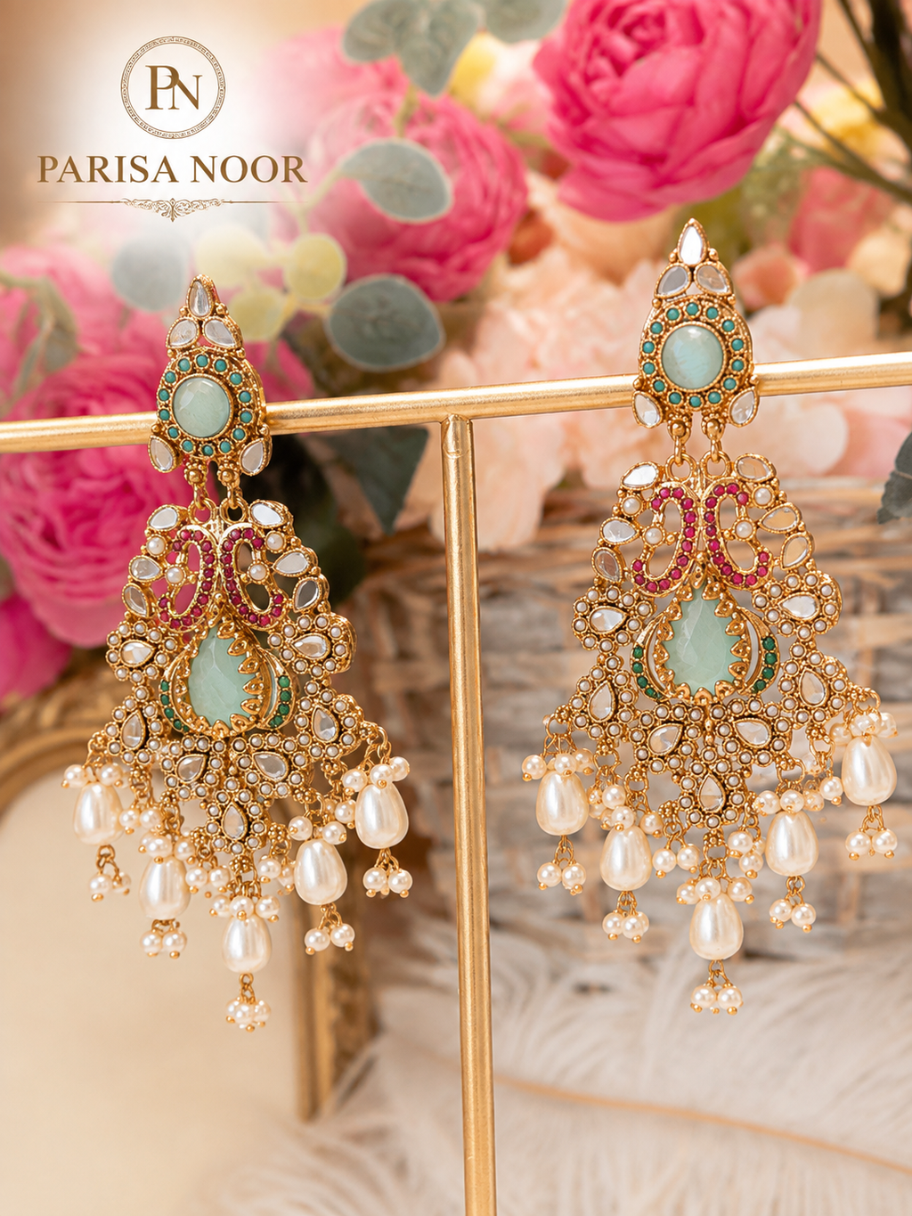 Esra Luxury Turkish Mint Green Statement Earrings