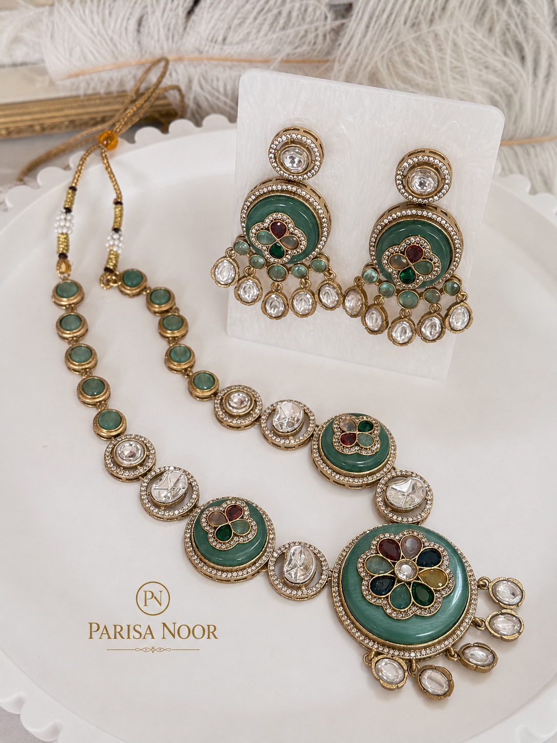 Meherza Mint Multicolour Designer Semi-Long Necklace Set