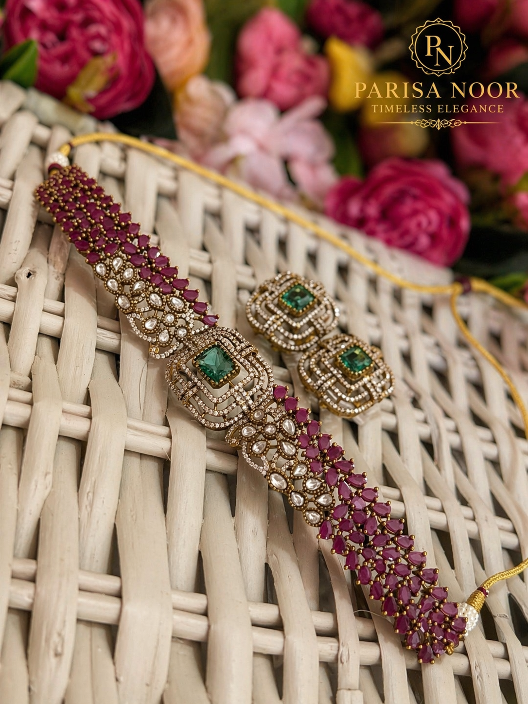 Rose Emerald Luxury Victorian Choker Necklace Set
