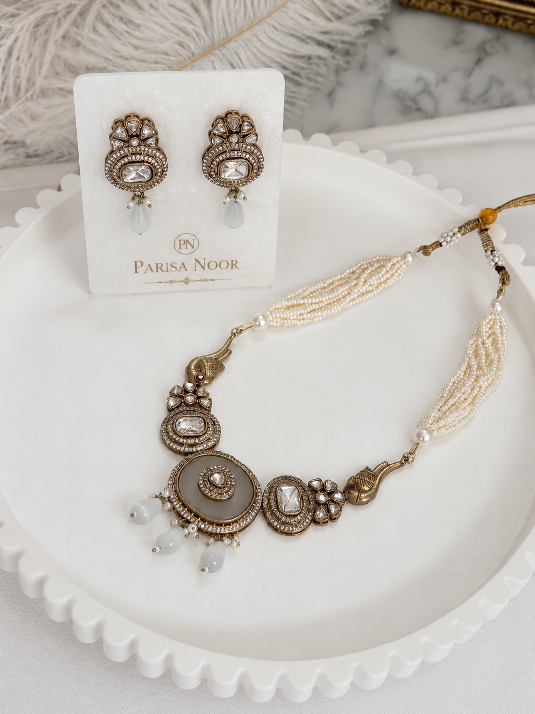 Avni Ivory Polki & Pearl Designer Semi Long Necklace Set