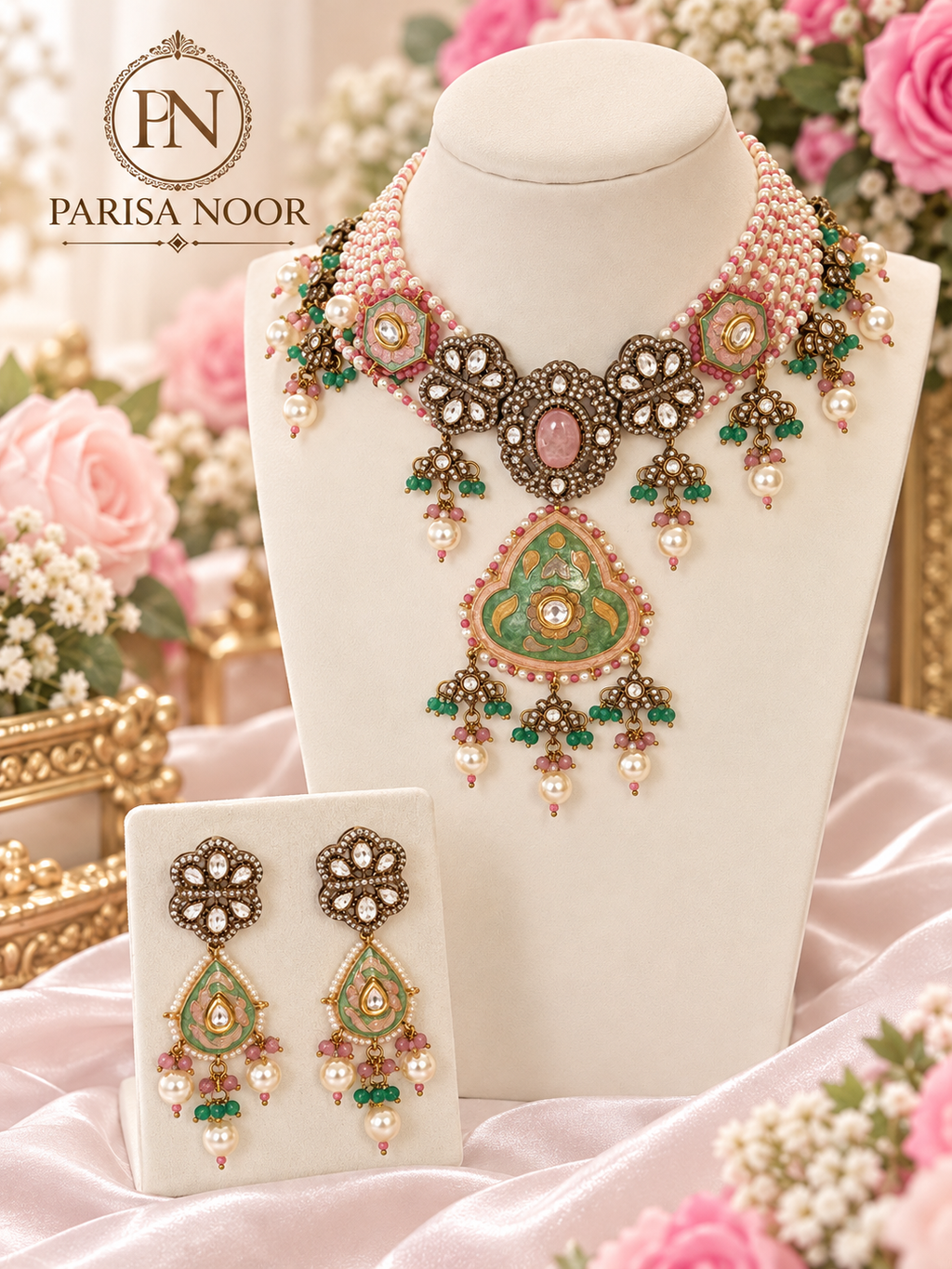 Mehrnaz Pastel Meenakari Luxury Pearl Kundan Necklace Set