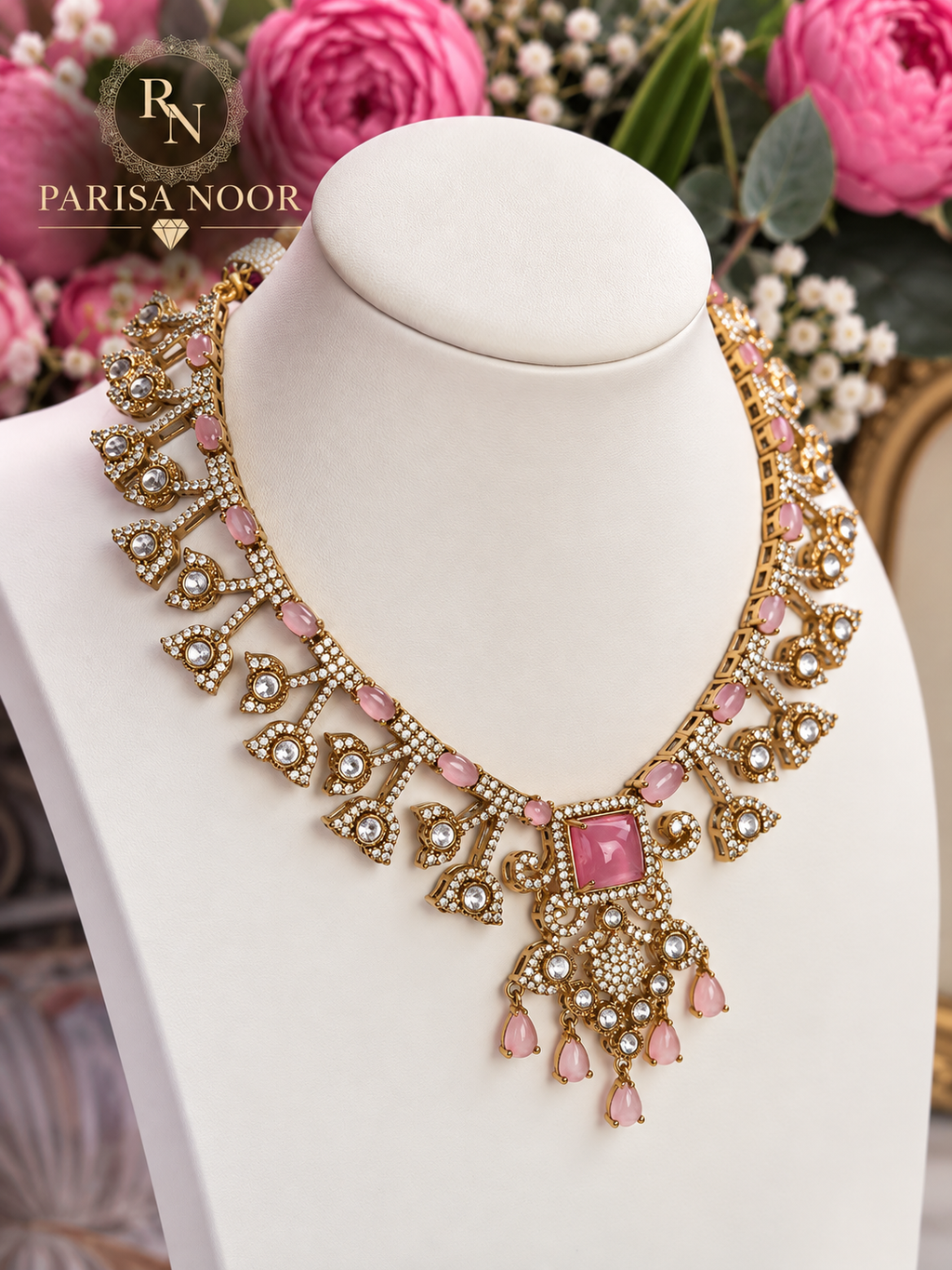 Velina Premium Kundan Designer Necklace Set - Blush Pink