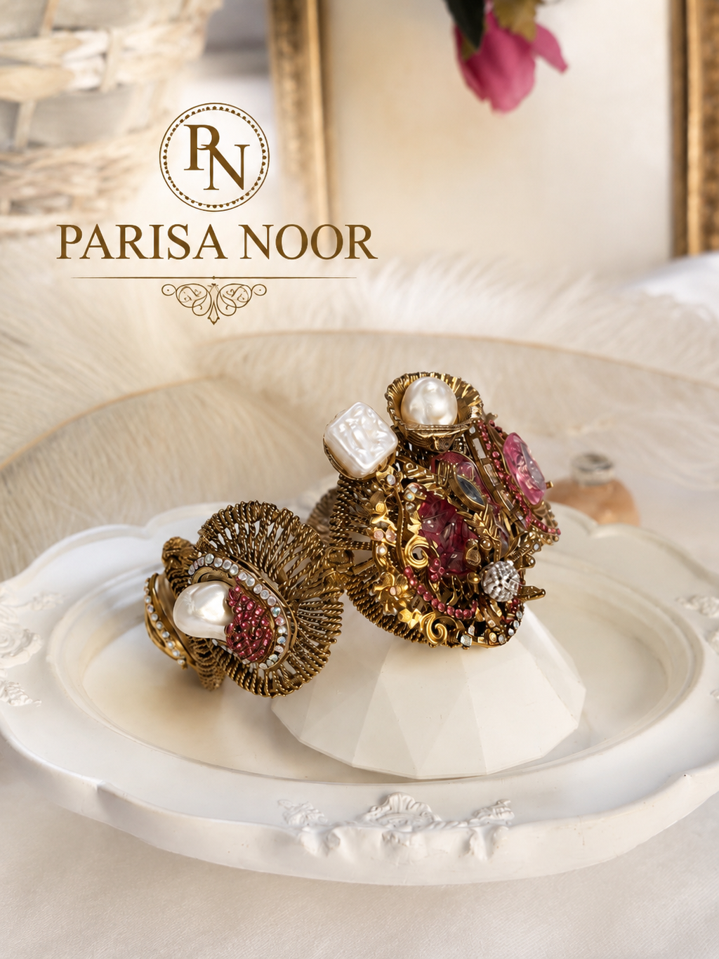 Lale Luxury Turkish Pearl & Rose Cuff Bangle