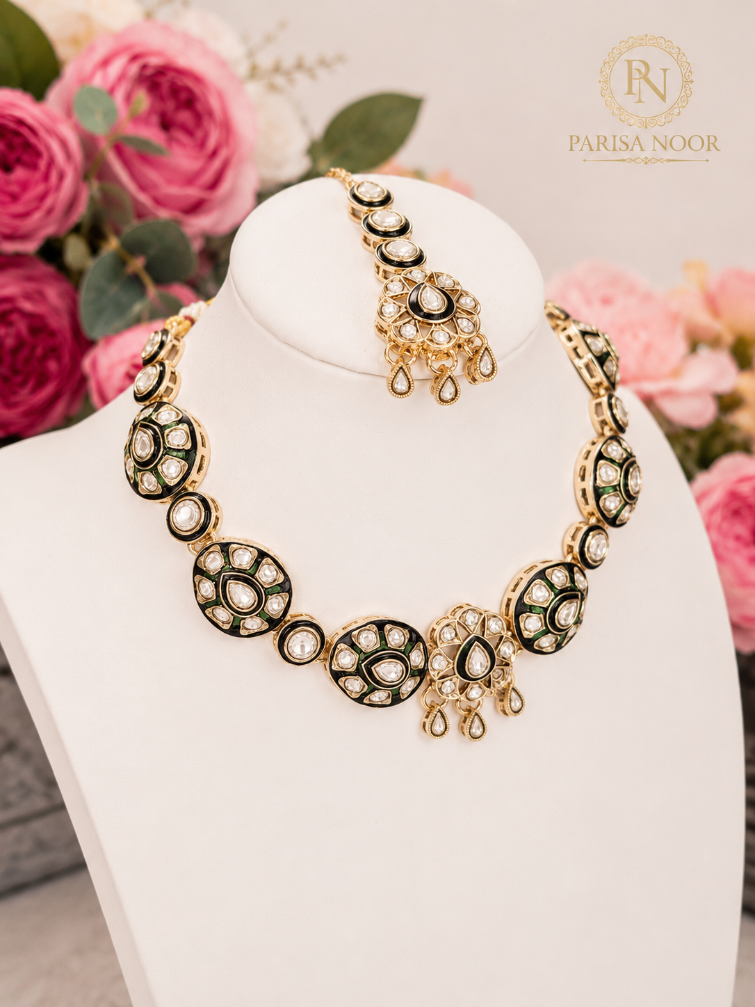 Meherza Kundan Meenakari Green Necklace Set
