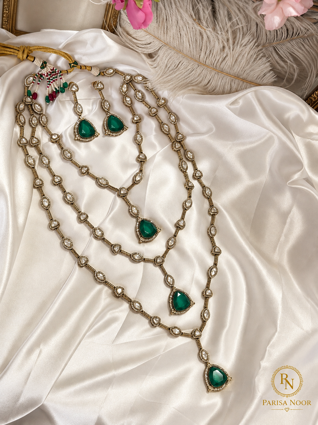 Samyukta Rajrani Emerald Layered Long Necklace Set